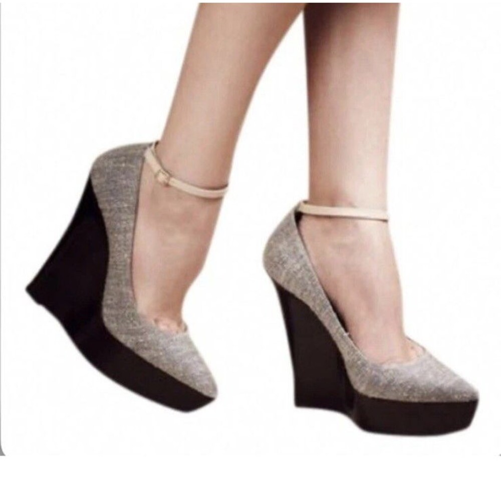 Burberry Tweed Platform Wedge Ankle Wrap Strap Heels Pumps EU 38 US 7.5
